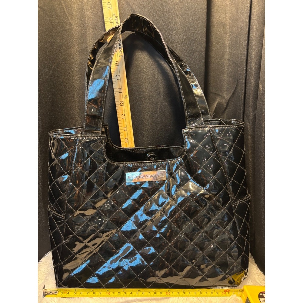 Michel Germain Black Patent Quilted Tote Bag Silver Logo Plaque Magnetic Snap